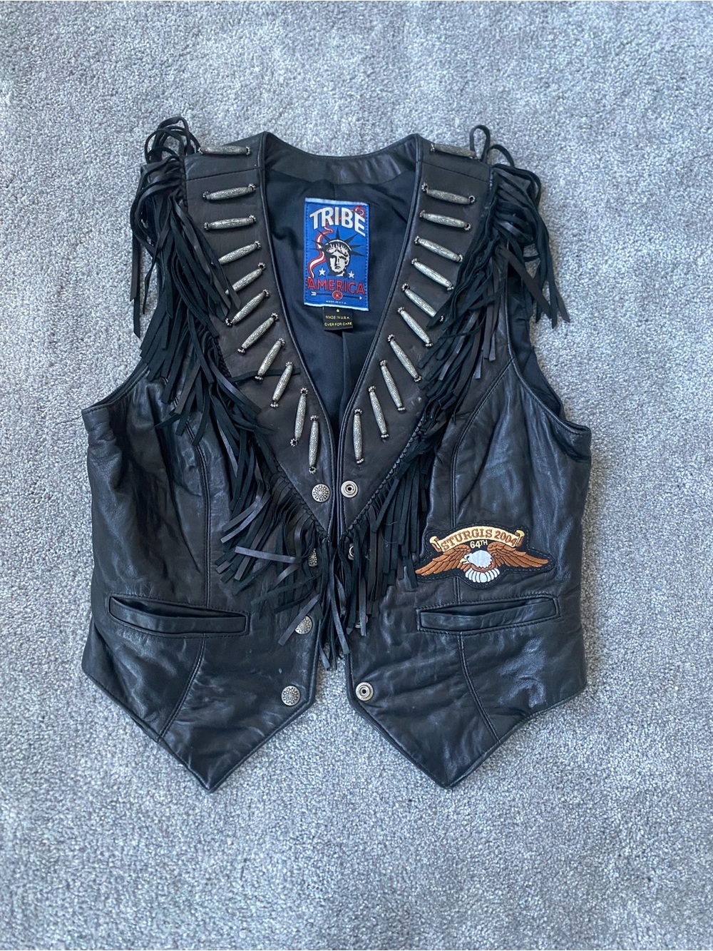 Tribe American Black Leather Fringe Vest with Stud Accents